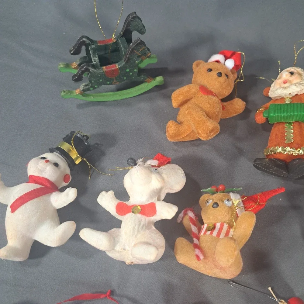 VTG Christmas Ornaments Lot Flocked Wood‎ Bear Santa Rocking Horse Retro Holiday